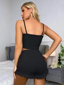 Contrast Lace Ruffle Trim Bow Front Cami PJ Set / Pajama Set Holiday Season - Black - View 2