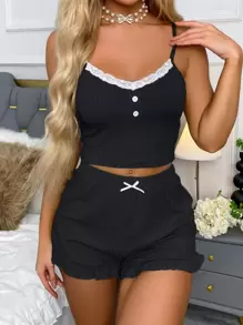 Contrast Lace Ruffle Trim Bow Front Cami PJ Set / Pajama Set Holiday Season - Black - View 5
