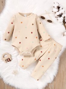 Bộ đồ Em bé Nút Gân đan Chấm bi Giải trí - Màu be - Xem 1