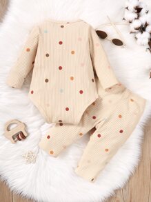 Bộ đồ Em bé Nút Gân đan Chấm bi Giải trí - Màu be - Xem 2