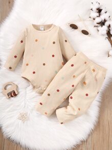 Bộ đồ Em bé Nút Gân đan Chấm bi Giải trí - Màu be - Xem 6