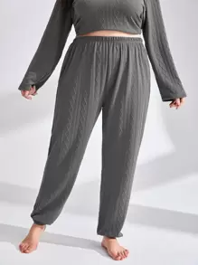 Plus Textured Elastic Waist Sleep Trousers - Dark Grey - View 1