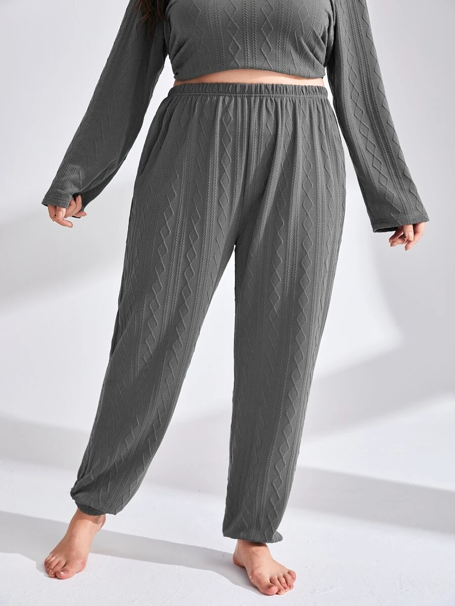 Plus Textured Elastic Waist Sleep Trousers - Dark Grey - View 1