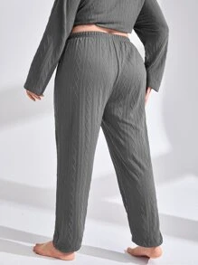 Plus Textured Elastic Waist Sleep Trousers - Dark Grey - View 2