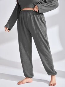 Plus Textured Elastic Waist Sleep Trousers - Dark Grey - View 4