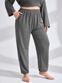 Plus Textured Elastic Waist Sleep Trousers - Dark Grey - View 5