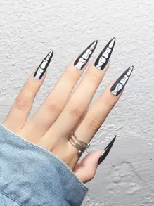 万圣节用 24 件长款细高跟黑白骷髅图案假指甲、1 片胶带和 1 个指甲锉提升您的风格，按压式指甲美甲用品 - 黑與白 - 查看 1