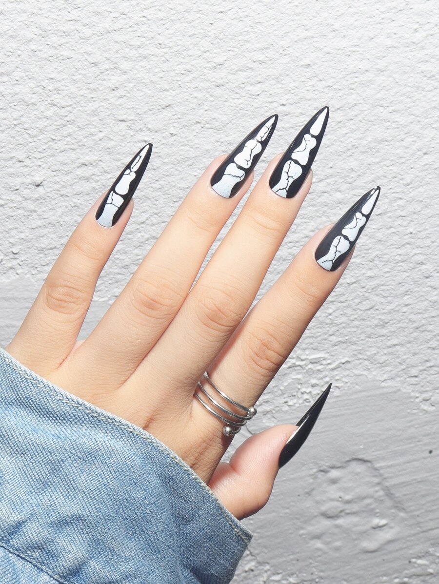 万圣节用 24 件长款细高跟黑白骷髅图案假指甲、1 片胶带和 1 个指甲锉提升您的风格，按压式指甲美甲用品 - 黑與白 - 查看 1