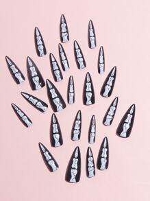 万圣节用 24 件长款细高跟黑白骷髅图案假指甲、1 片胶带和 1 个指甲锉提升您的风格，按压式指甲美甲用品 - 黑與白 - 查看 3