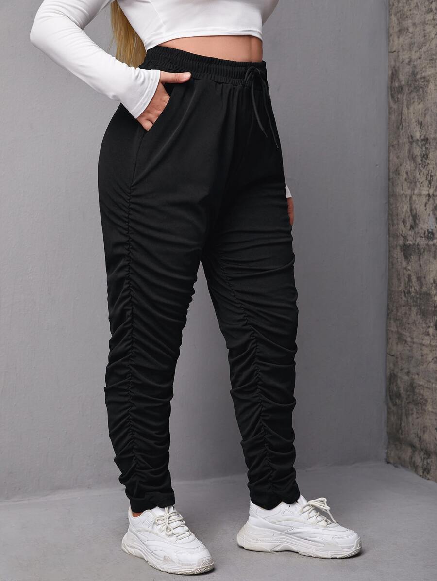 SHEIN EZwear Plus Solid Ruched Stacked Sweatpants - Black - View 1