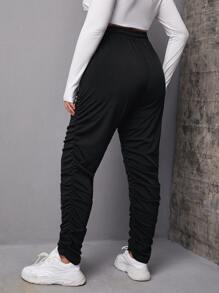 SHEIN EZwear Plus Solid Ruched Stacked Sweatpants - Black - View 2