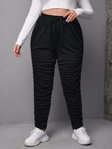 SHEIN EZwear Plus Solid Ruched Stacked Sweatpants - Black - View 4