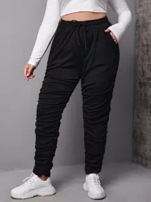 SHEIN EZwear Plus Solid Ruched Stacked Sweatpants - Black - View 5