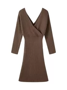 Áo len nữ Trọn gói Gân đan màu trơn Ăn mặc đẹp - Cà phê nâu - Xem 1