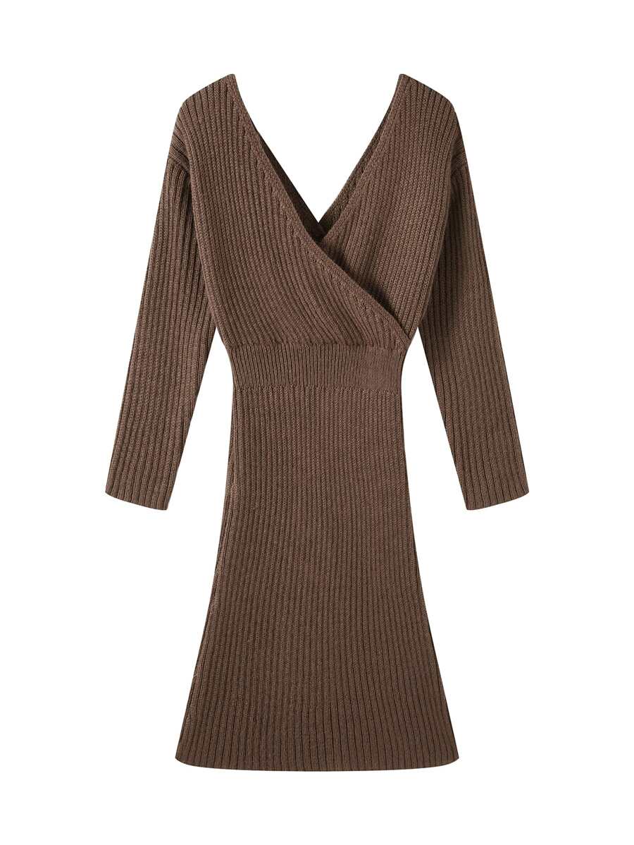 Áo len nữ Trọn gói Gân đan màu trơn Ăn mặc đẹp - Cà phê nâu - Xem 1