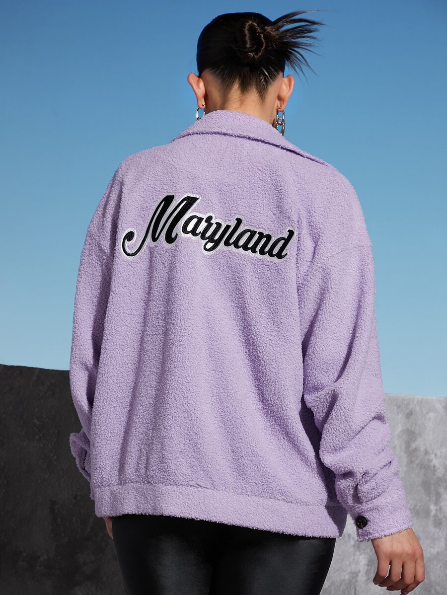 SHEINNeu Letter Embroidery Flap Detail Teddy Jacket - Lilac Purple - View 1