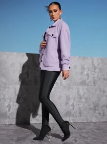 SHEINNeu Letter Embroidery Flap Detail Teddy Jacket - Lilac Purple - View 3