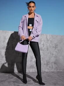 SHEINNeu Letter Embroidery Flap Detail Teddy Jacket - Lilac Purple - View 4