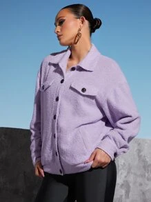 SHEINNeu Letter Embroidery Flap Detail Teddy Jacket - Lilac Purple - View 5