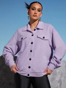 SHEINNeu Letter Embroidery Flap Detail Teddy Jacket - Lilac Purple - View 6