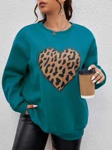 SHEIN LUNE Plus Leopard & Heart Print Drop Shoulder Pullover - Teal Blue - View 1