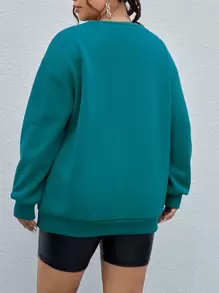 SHEIN LUNE Plus Leopard & Heart Print Drop Shoulder Pullover - Teal Blue - View 2