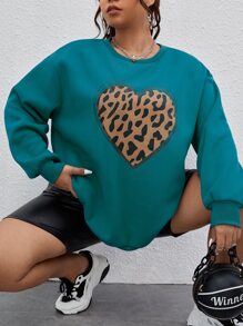 SHEIN LUNE Plus Leopard & Heart Print Drop Shoulder Pullover - Teal Blue - View 3