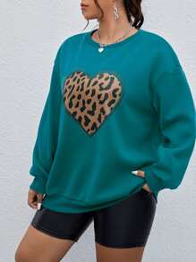 SHEIN LUNE Plus Leopard & Heart Print Drop Shoulder Pullover - Teal Blue - View 4