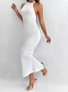 SHEIN PETITE Backless Twist Back Split Hem Halter Evening Dress,White Graduation Dress - White - View 2