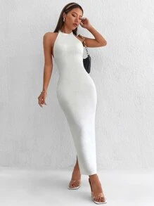 SHEIN PETITE Backless Twist Back Split Hem Halter Evening Dress,White Graduation Dress - White - View 3