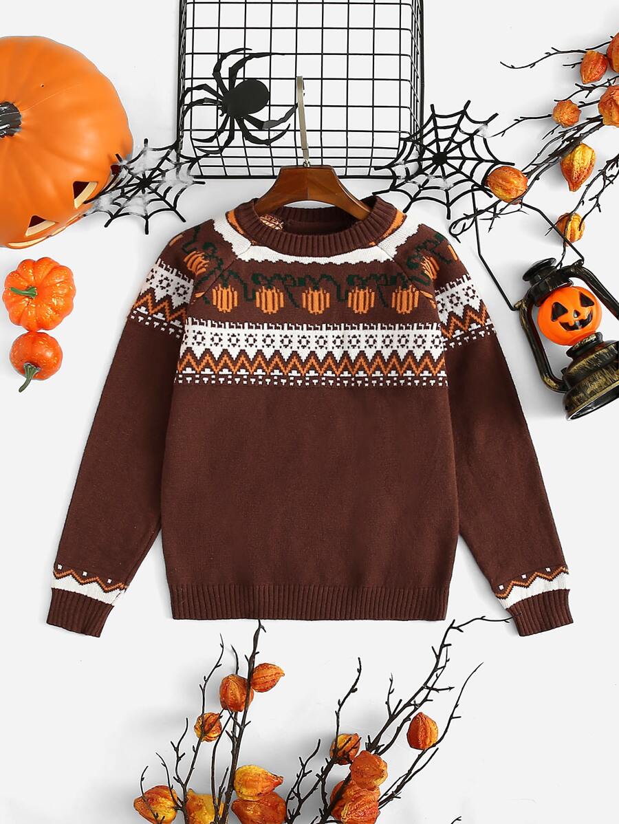 SHEIN Niñas Jersey Halloween con patrón calabaza & de cheurón de manga raglán - Marrón Chocolate - Ver 1