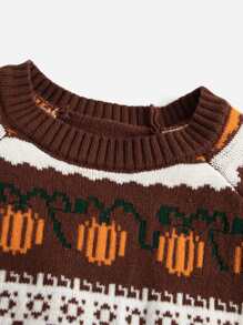 SHEIN Niñas Jersey Halloween con patrón calabaza & de cheurón de manga raglán - Marrón Chocolate - Ver 3