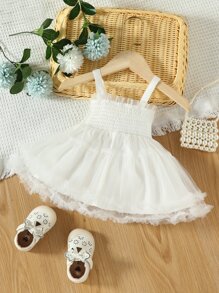 Baby Frill Trim Contrast Mesh Cami Dress - White - View 1