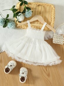 Baby Frill Trim Contrast Mesh Cami Dress - White - View 2