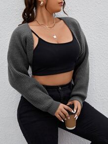 SHEIN EZwear Plus Ribbed Knit Shrug Cardigan - Dark Grey - View 2