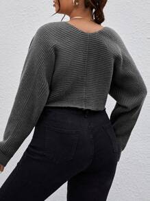 SHEIN EZwear Plus Ribbed Knit Shrug Cardigan - Dark Grey - View 3