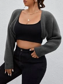 SHEIN EZwear Plus Ribbed Knit Shrug Cardigan - Dark Grey - View 4