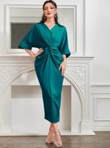 Modelyn 前扭結蝙蝠袖後背開衩連衣裙 - 水鴨藍 - 查看 1