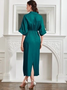 Modelyn 前扭結蝙蝠袖後背開衩連衣裙 - 水鴨藍 - 查看 2