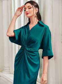 Modelyn 前扭結蝙蝠袖後背開衩連衣裙 - 水鴨藍 - 查看 3