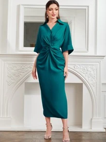 Modelyn 前扭結蝙蝠袖後背開衩連衣裙 - 水鴨藍 - 查看 4