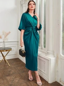 Modelyn 前扭結蝙蝠袖後背開衩連衣裙 - 水鴨藍 - 查看 5