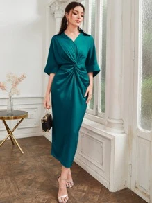 Modelyn 前扭結蝙蝠袖後背開衩連衣裙 - 水鴨藍 - 查看 6