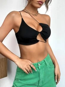 SHEIN X Made in America SHEIN ICON 單肩吊帶短上衣 - 黑色 - 查看 3