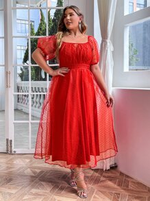 Simplee Vestido de manga farol pecho con fruncido de malla jacquard - Rojo - Ver 1