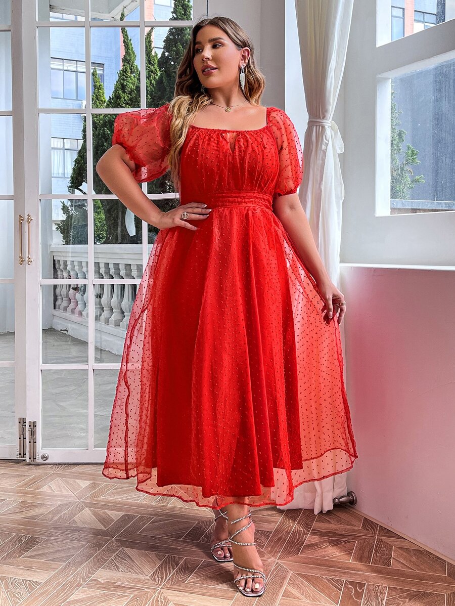 Simplee Vestido de manga farol pecho con fruncido de malla jacquard - Rojo - Ver 1