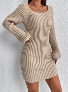 Chiquease Rib-knit Scoop Neck Raglan Sleeve Jumper Dress - Apricot - View 2