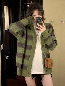 Cárdigan oversize de hombros caídos de rayas anchas - Verde militar - Ver 3