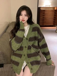 Cárdigan oversize de hombros caídos de rayas anchas - Verde militar - Ver 4