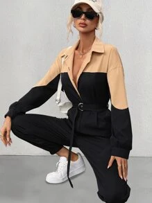 SHEIN Essnce Two Tone Drop Shoulder Belted Shirt Jumpsuit - Black - View 2